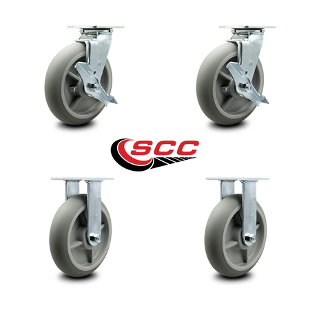 Service Caster 8 Inch Thermoplastic Rubber Caster Set with Ball Bearings 2 Brakes 2 Rigid SCC SCC-30CS820-TPRBD-TLB-2-R820-2